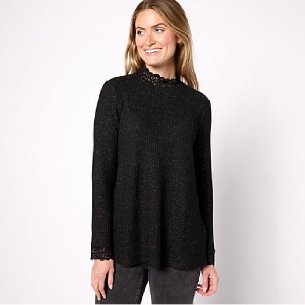 LOGO by Lori Goldstein Metallic Waffle Knit Mock Neck Top Black NWT